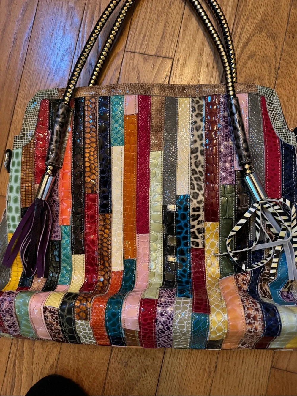 Multicolor Patchwork Faux Exotic Embossed Tote Shoulder Bag Boho Unique Eclectic